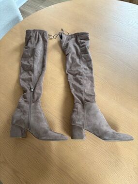 Over-the-Knee Suede Block Heel Boots with Drawcord